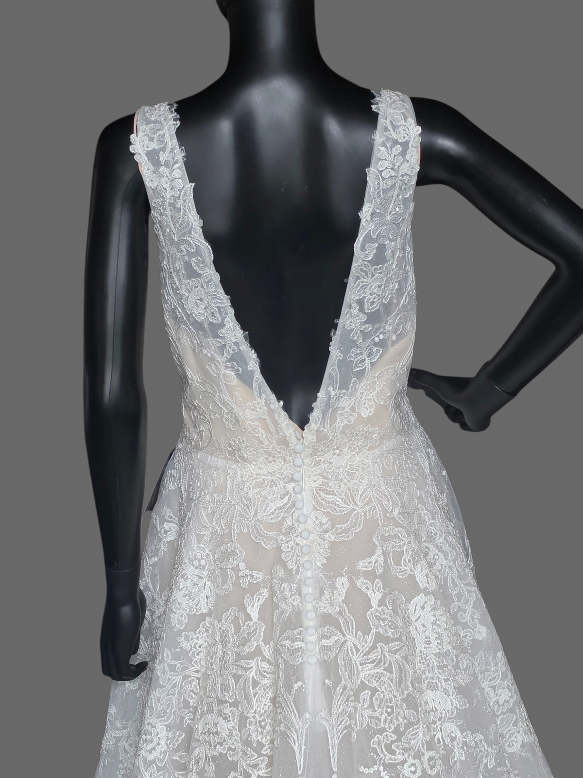 Ivory/Nude 3-Look Lace Plunge Sparkle A-Line Wedding Gown W/Detatch Sleeve - Martin Thornburg
