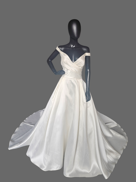 Ivory Mikado Off Shoulder  A-Line Wedding Gown W/Removable Bow - Ashley + Justin