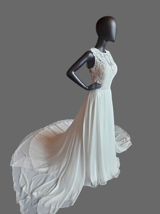 Ivory/Nude High Neck Lace Chiffon Skirt Wedding Gown - Justin Alexander