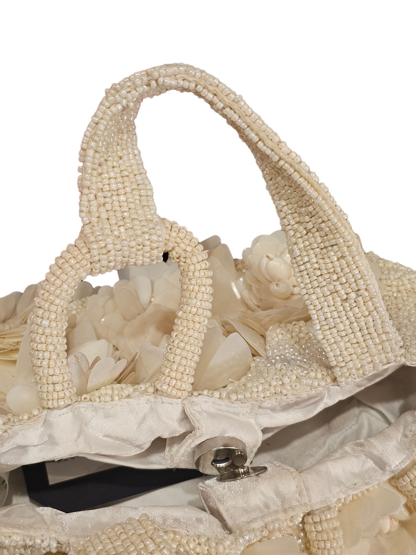 Ivory Seed-Beaded/Floral/Shell Basket Handbag