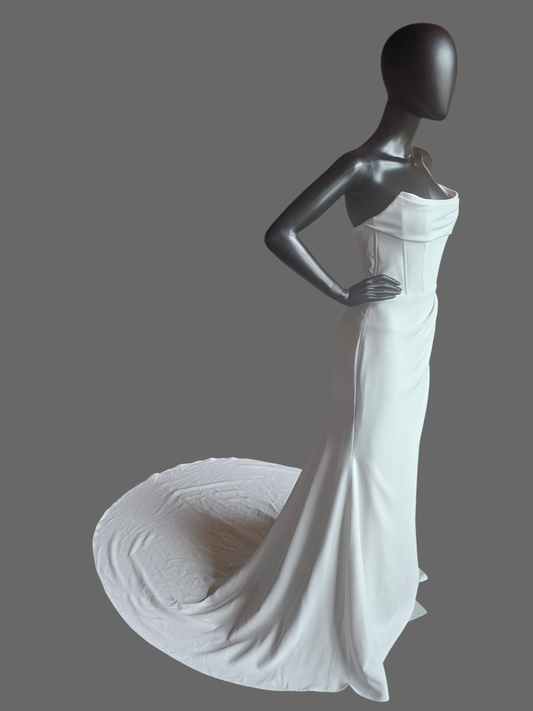 Minimalist Crepe Fit/Flare Cat Eye Side Ruched Wedding Gown - Alyssa Kristen