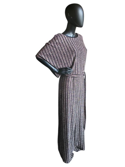 Black/Rose Gold Striped Belted Wide Leg Romper Jumpsuit - Jessica Howard