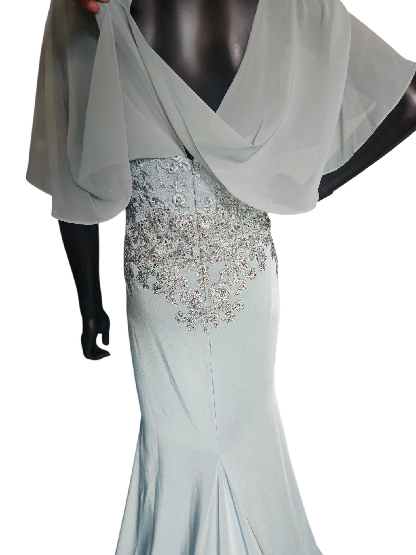 Deep Aqua/Silver Embroidered Chiffon Flutter Sleeve Formal Dress - Madeline Gardner