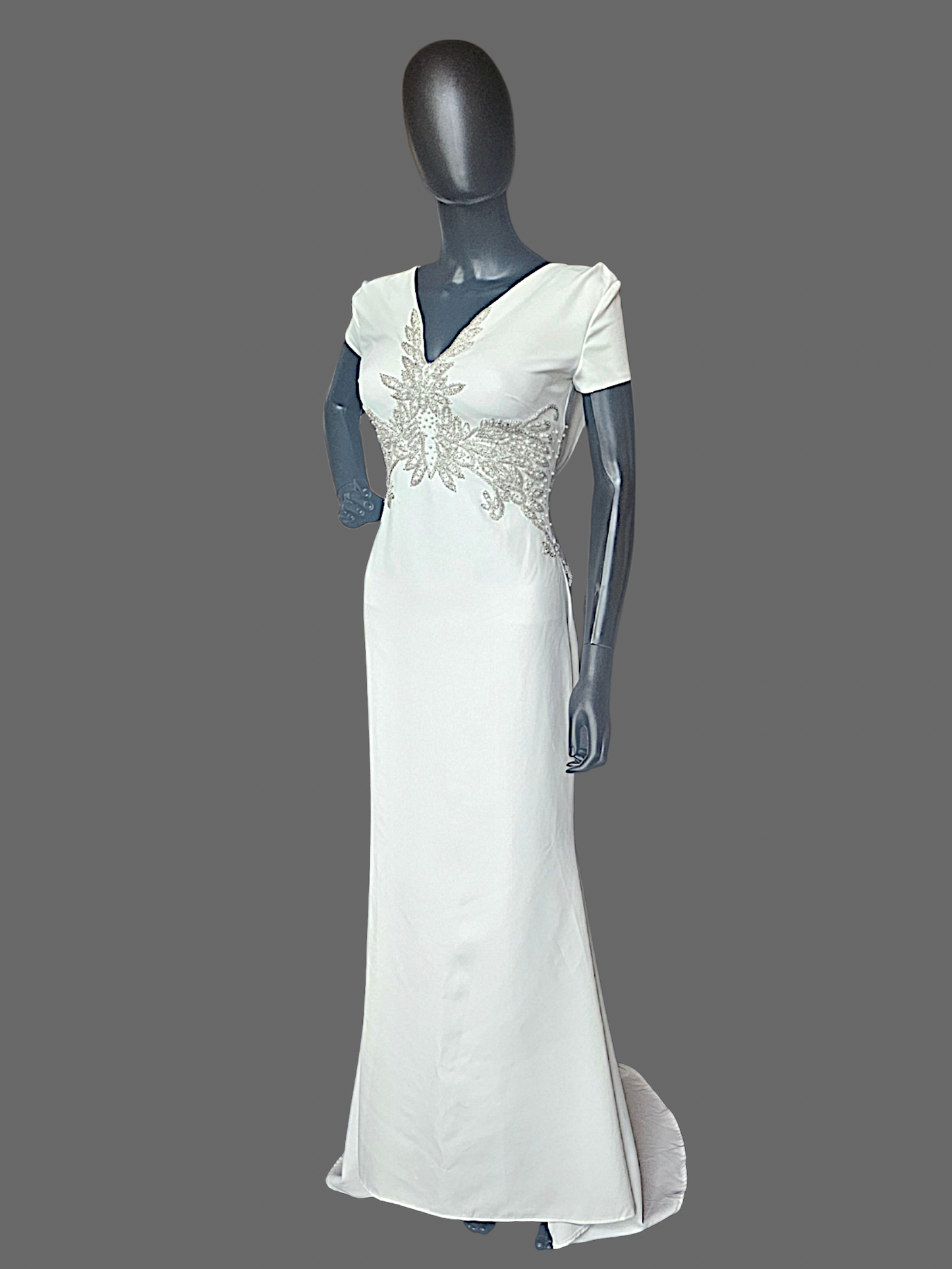 Ivory Wedding Gown Cap Sleeve Sheath Beaded With Peral Design Around The Dress Cowl Back  - Franssical