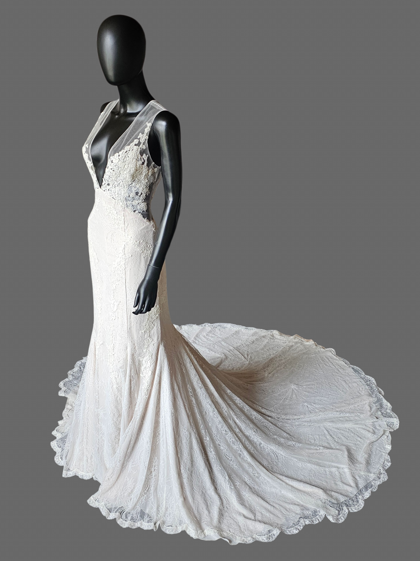 Ivory Illusion Plunge Thick Strap Floral Lace Fit/Flare Wedding Gown - Alyne