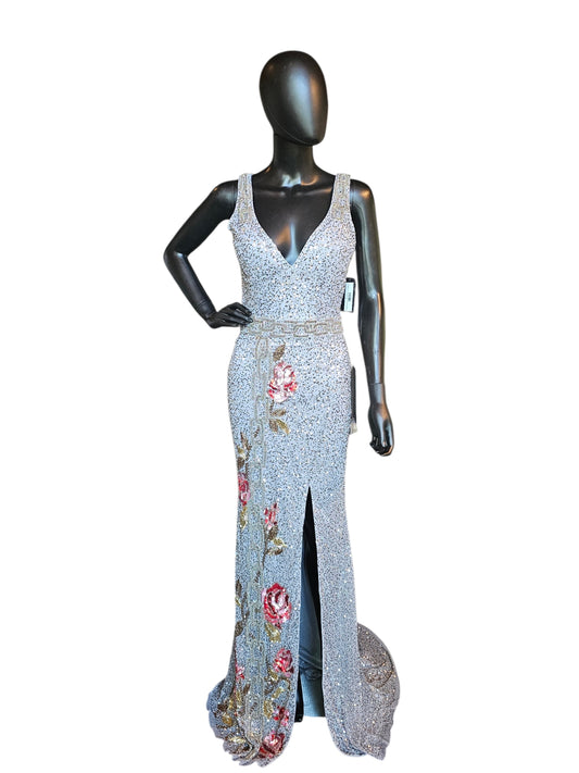 Pewter/Gold/Rose Fully Beaded V-Neck Fitted Maxi Formal/Gala/Prom Dress - Primavera