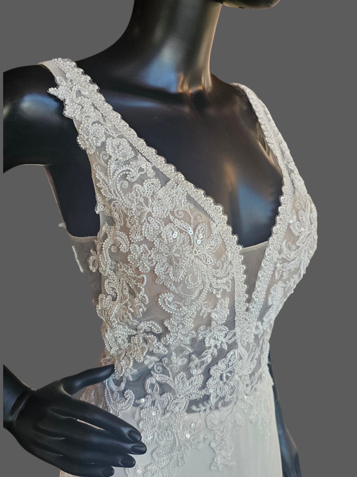 Ivory V-Neck Beaded Plunge Chiffon Skirt A-Line Wedding Gown - Beloved Private Label