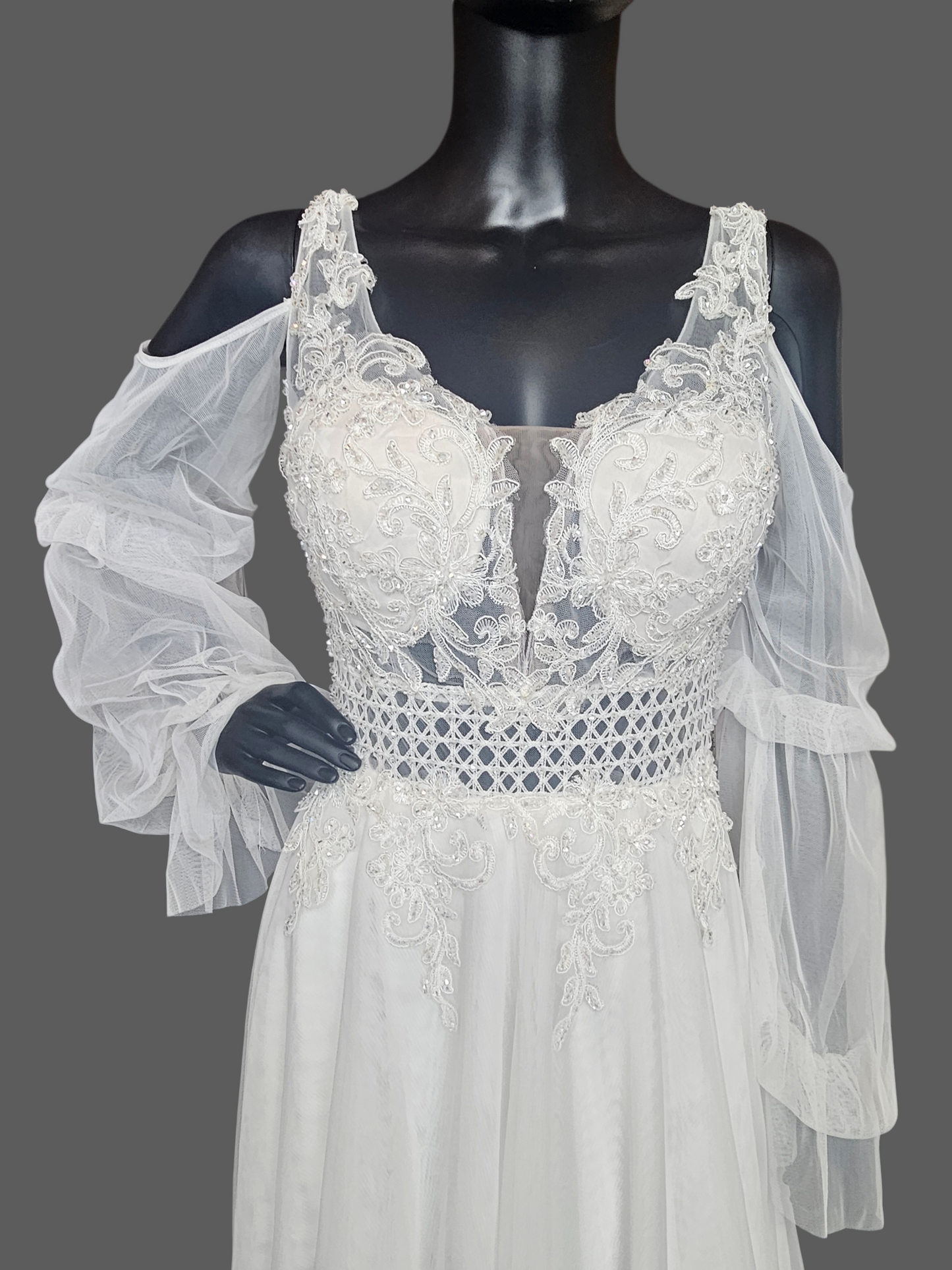 Ivory Boho V-Neck Cold Shoulder Lantern Sleeve Wedding Gown - Niobe - NWT
