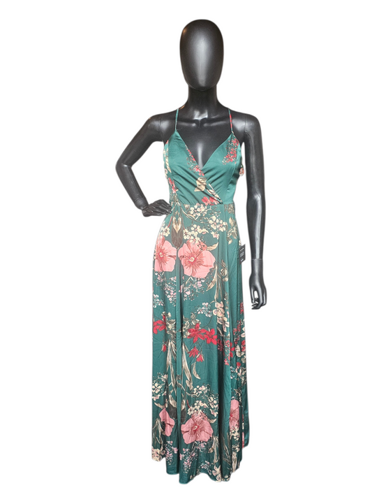 Green Floral Silky A-Line NWT Maxi Dress - Lulus
