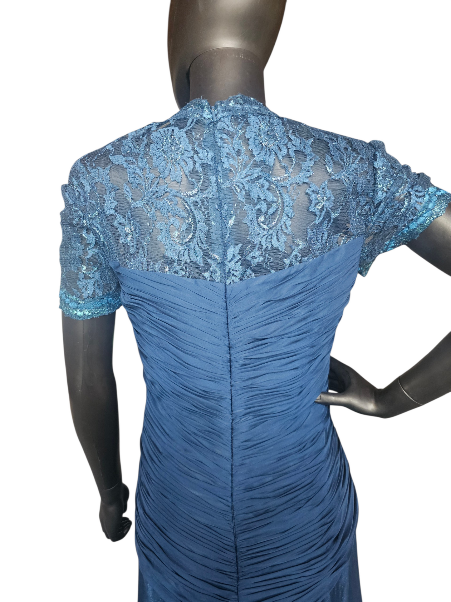 Navy Moms Dress Lace Cap Sleeve Lace Train Beaded Applica Sweetheart Neck  - Feriani Couture