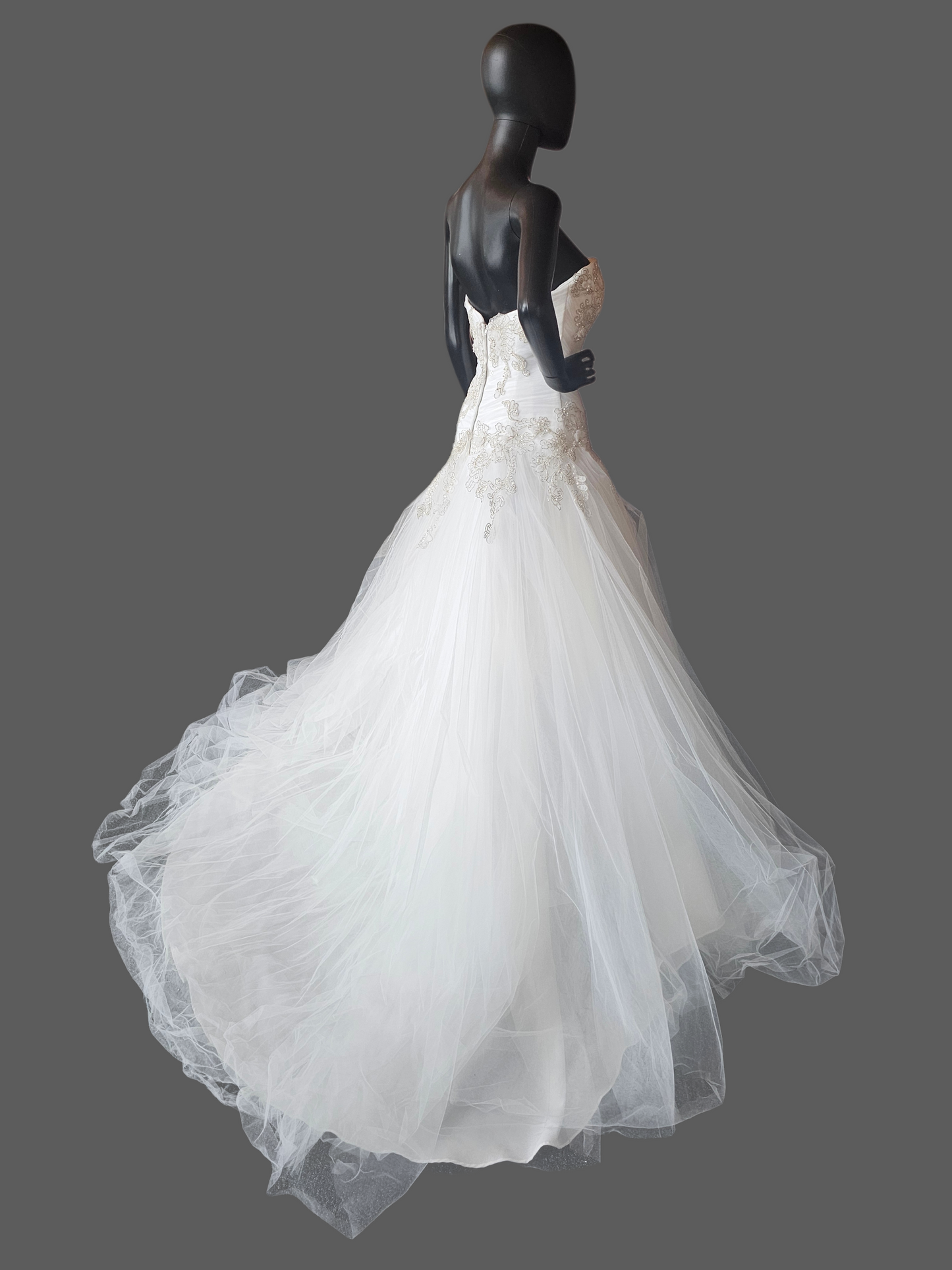 White Tulle Asymmetrical Drop Waist Silver/Gold Embroidered Strapless Wedding Gown - Casablanca