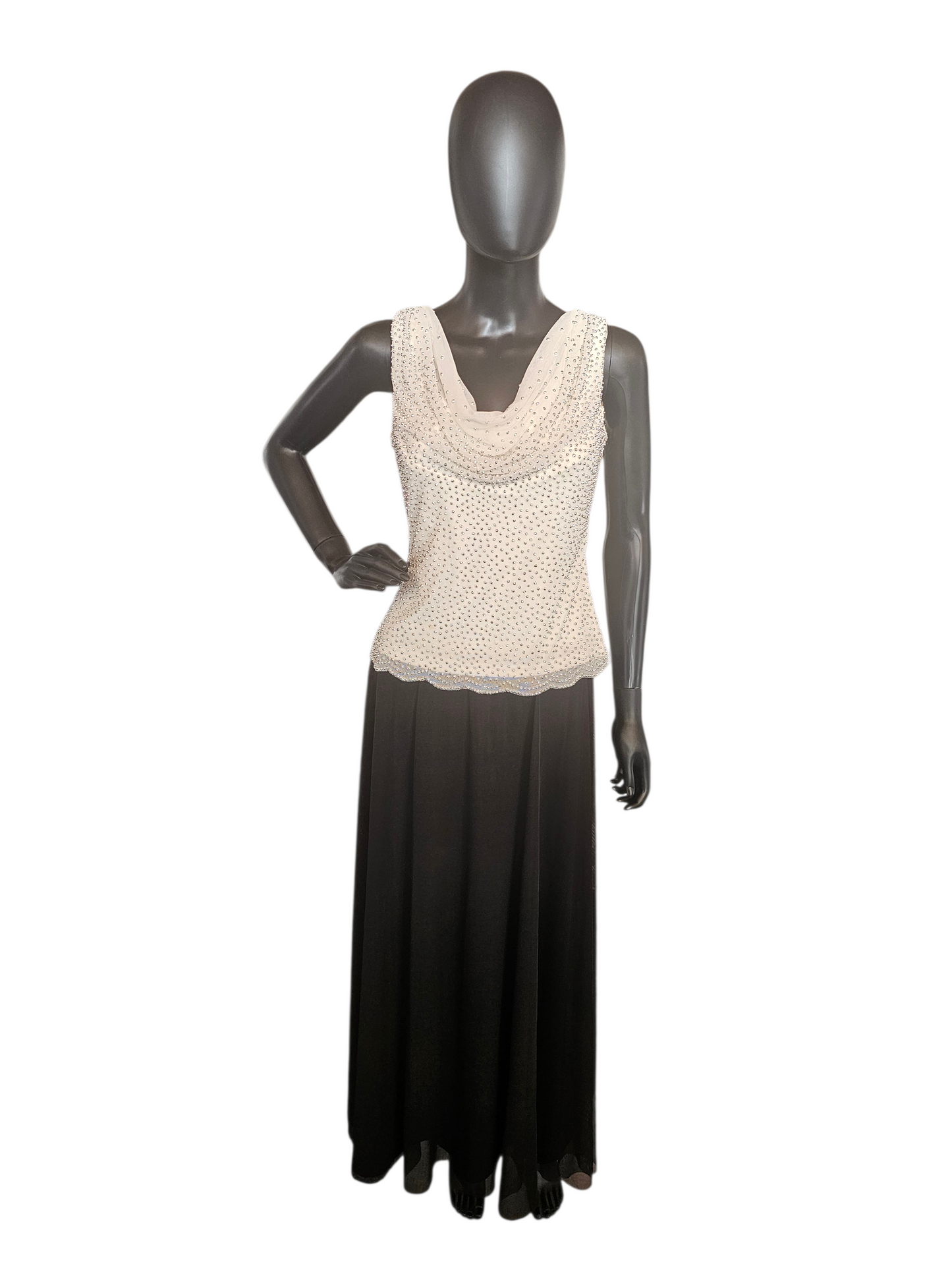 Ivory/Black Beaded Net Cowl Neck Formal Dress - Cache