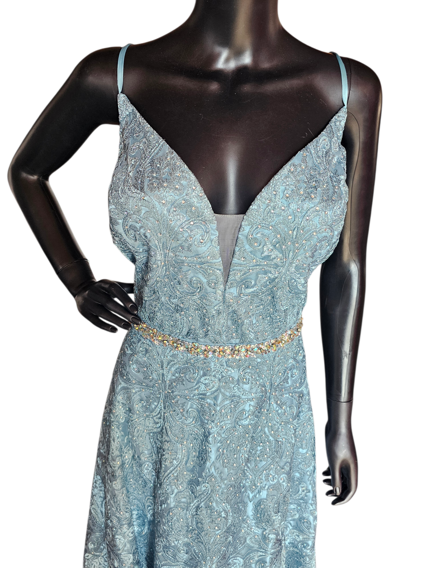 Steel Blue Lace Belted Plunge A-line Formal Dress - LA Merchandise