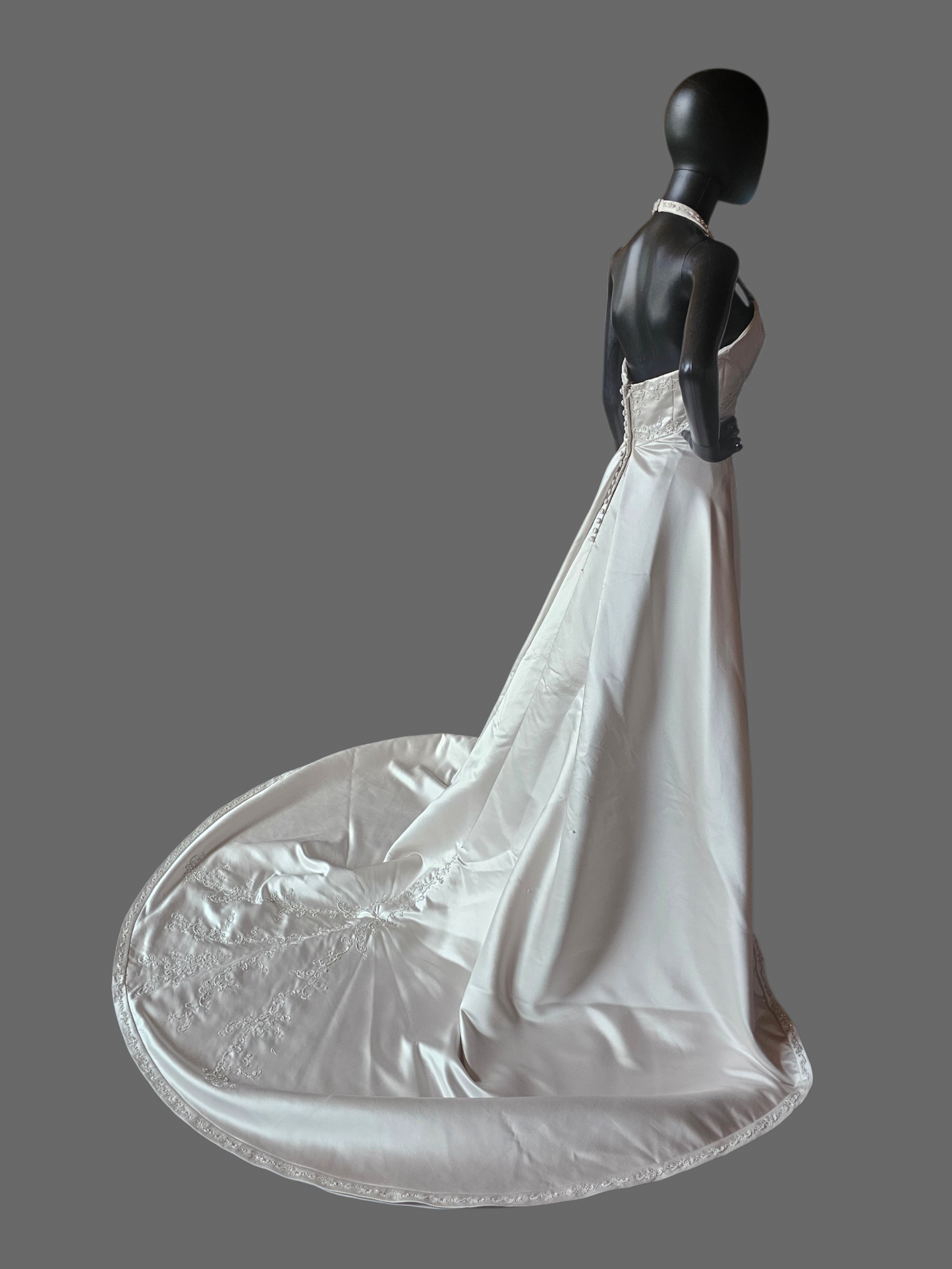 Oyster Satin Empire Square Neck Halter Wedding Gown