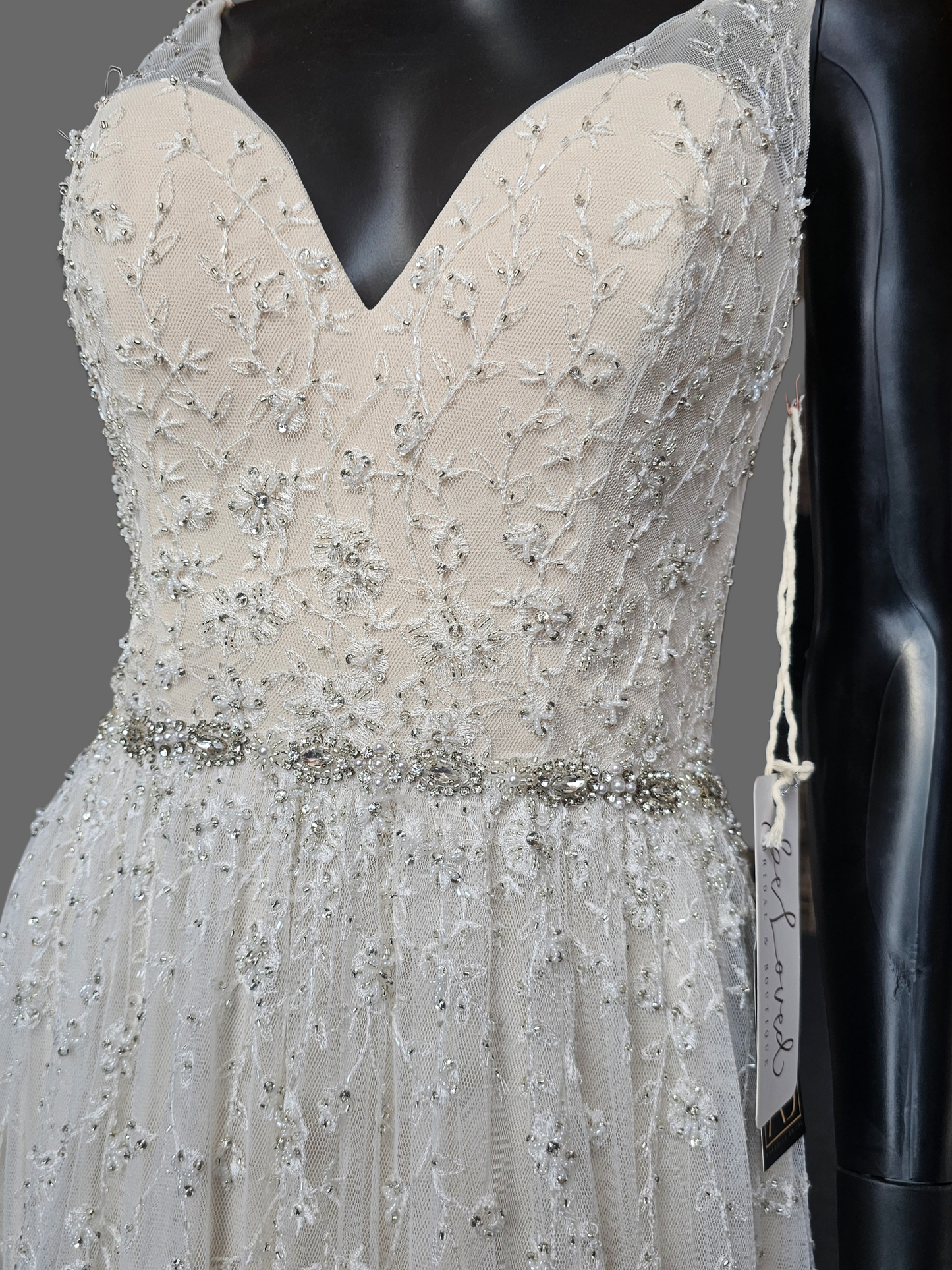 Ivory/Champagne Soft Netting Plunge V-Neck Open Back Wedding Gown - Martin Thornburg