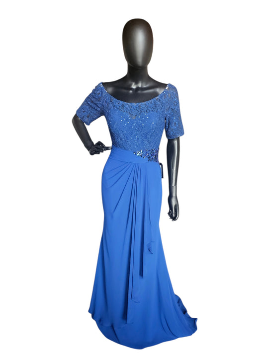 Royal Blue Scoop Neck Lace Gathered Waist - Alyce Paris