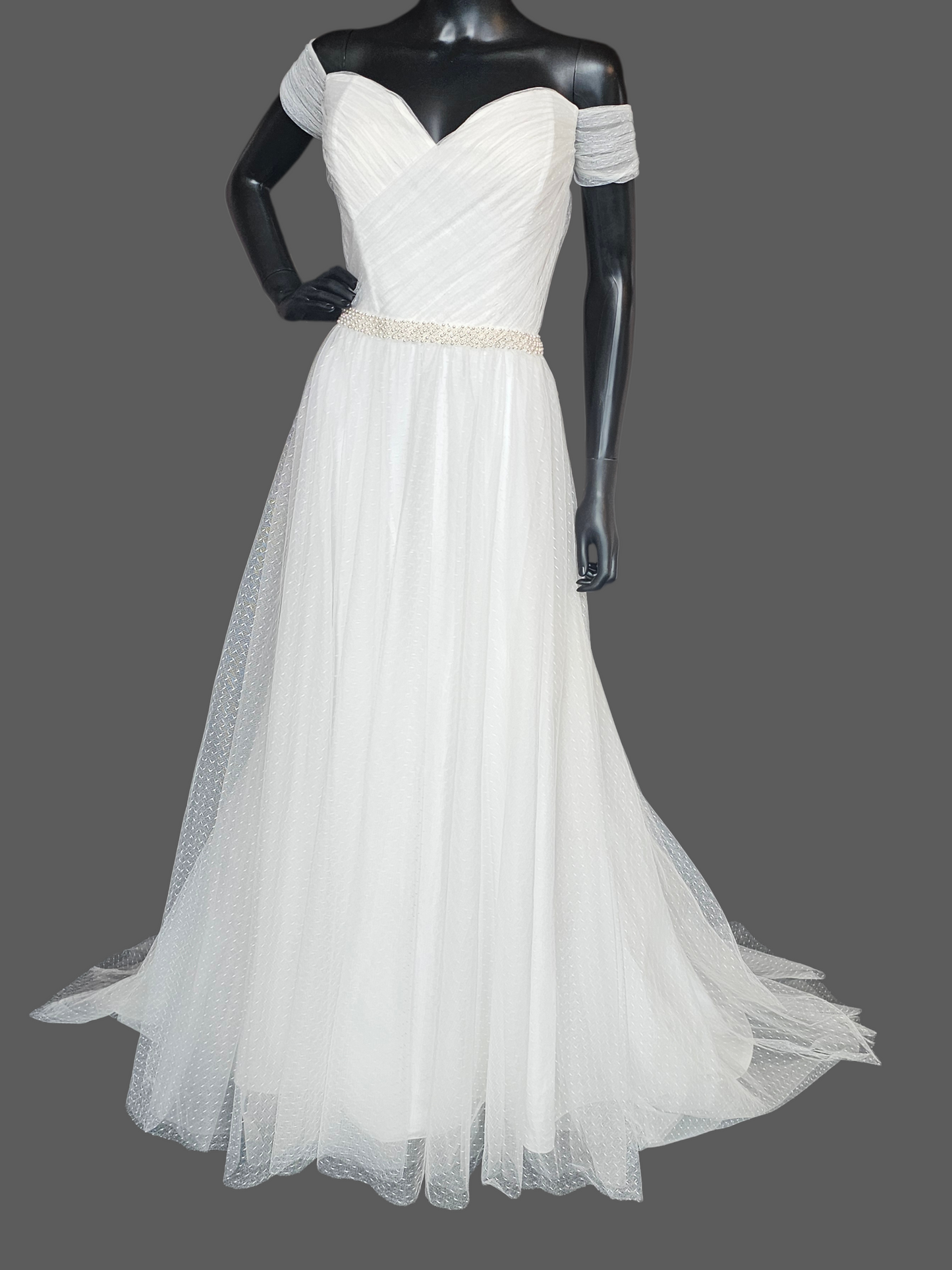 Ivory Swiss Dot Off Shoulder Cap Sleeve Pearl Belt Wedding Dress - Da Vinci