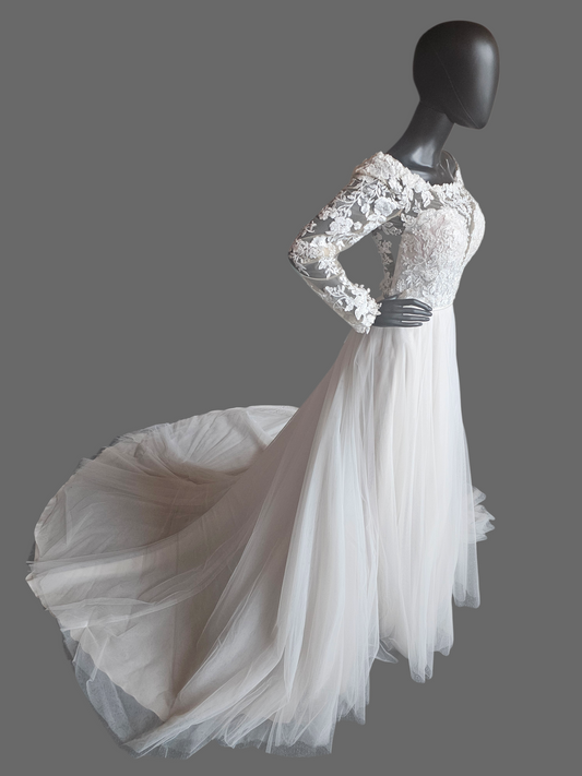 Ivory/Honey Illusion Lace Long Sleeve A-Line Wedding Gown