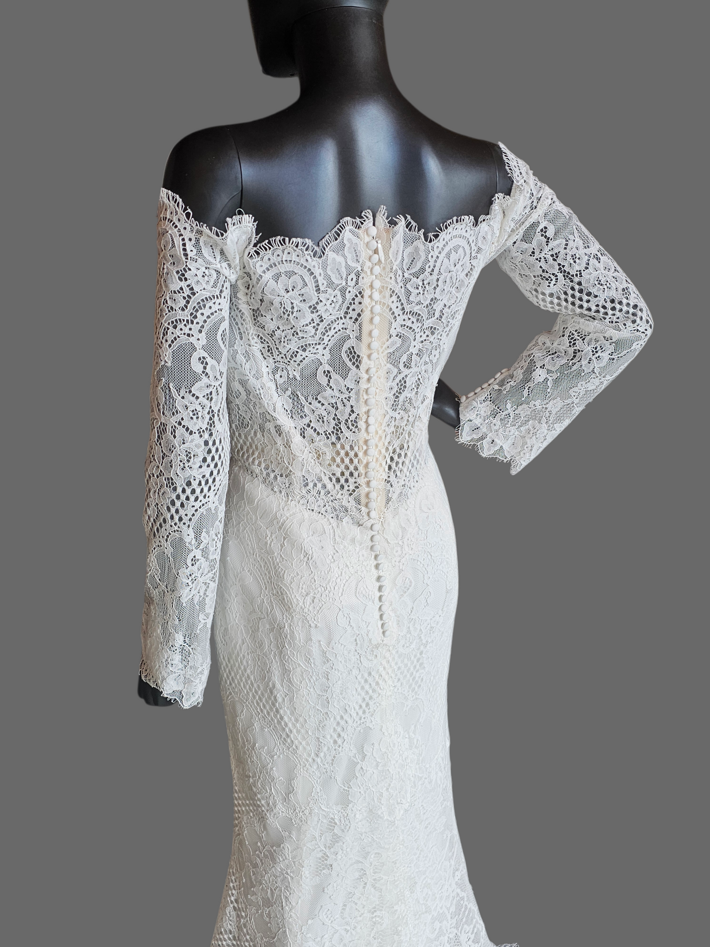 Off Shoulder Soft Ivory Lace Sleeve Fit/Flare Wedding Gown - Wtoo