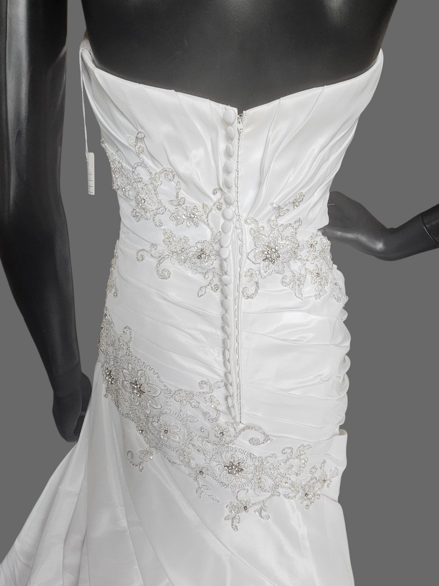 White Taffeta Side Sweep Detailed Applique Strapless Wedding Gown - Casablanca