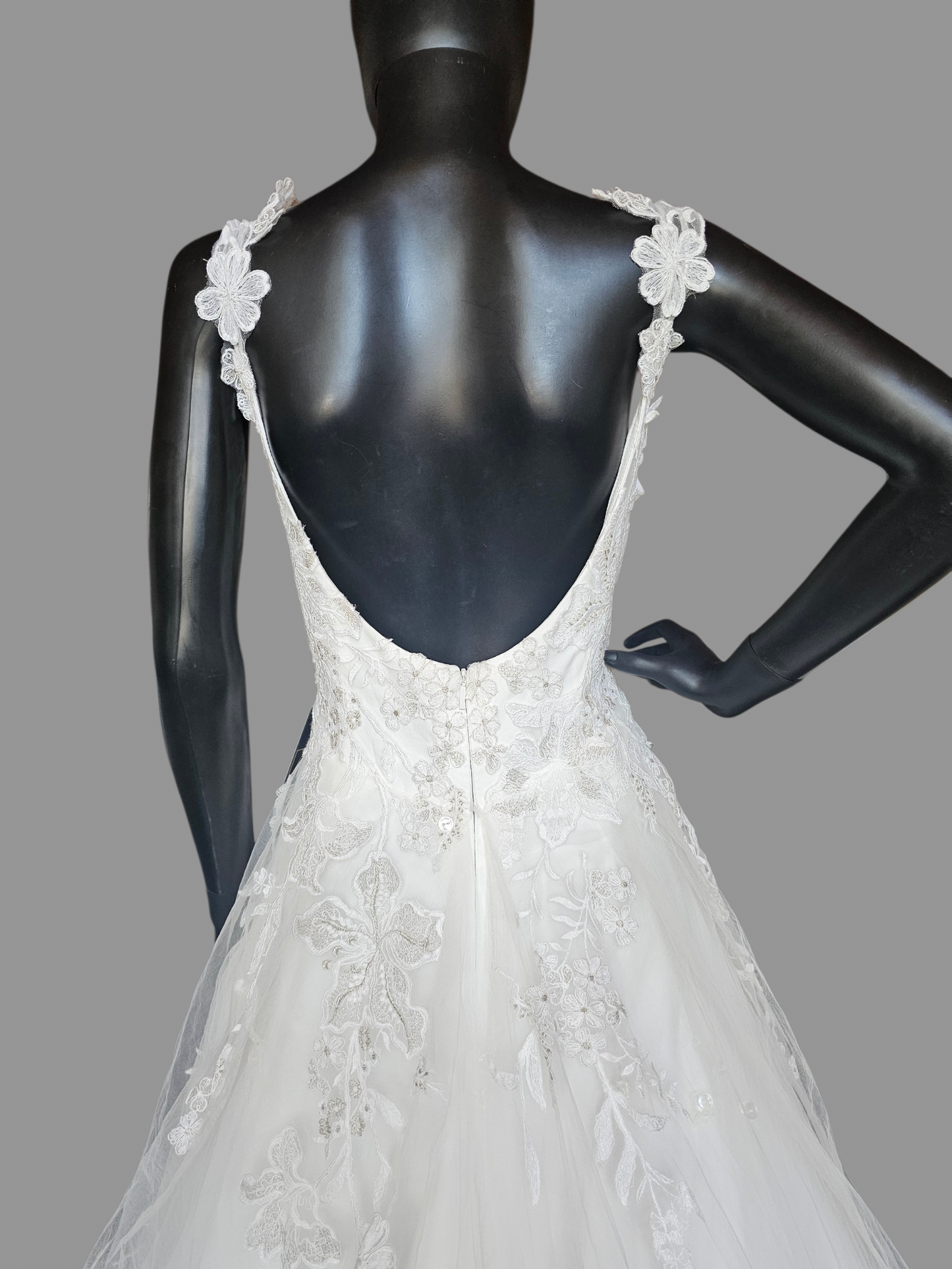 A-Line Floral Tiered Laced Sleeves Sweetheart Plunge Wedding Gown- Beloved