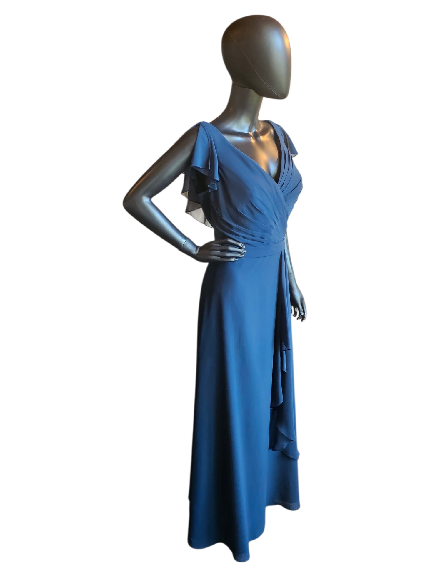 Navy Chiffon Flutter Sleeve Added Belt Side Ruched Maxi Formal/Moms Dress - DaVinci