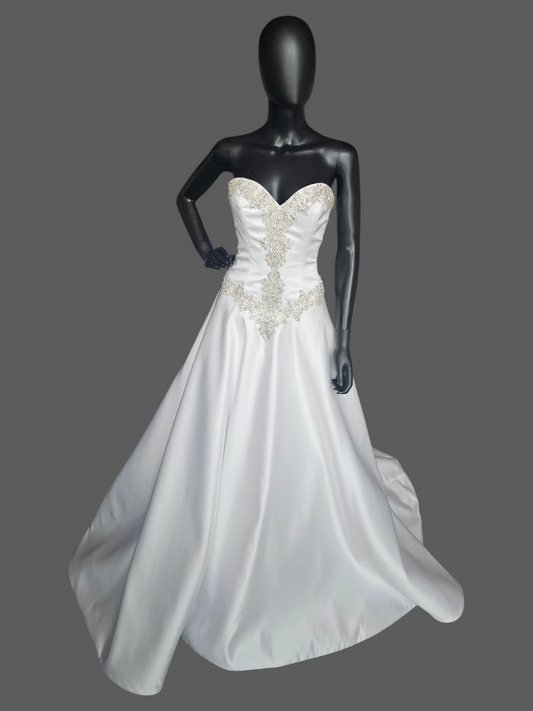 White Satin Basque Waist Strapless Sweetheart Wedding Gown - Mori Lee