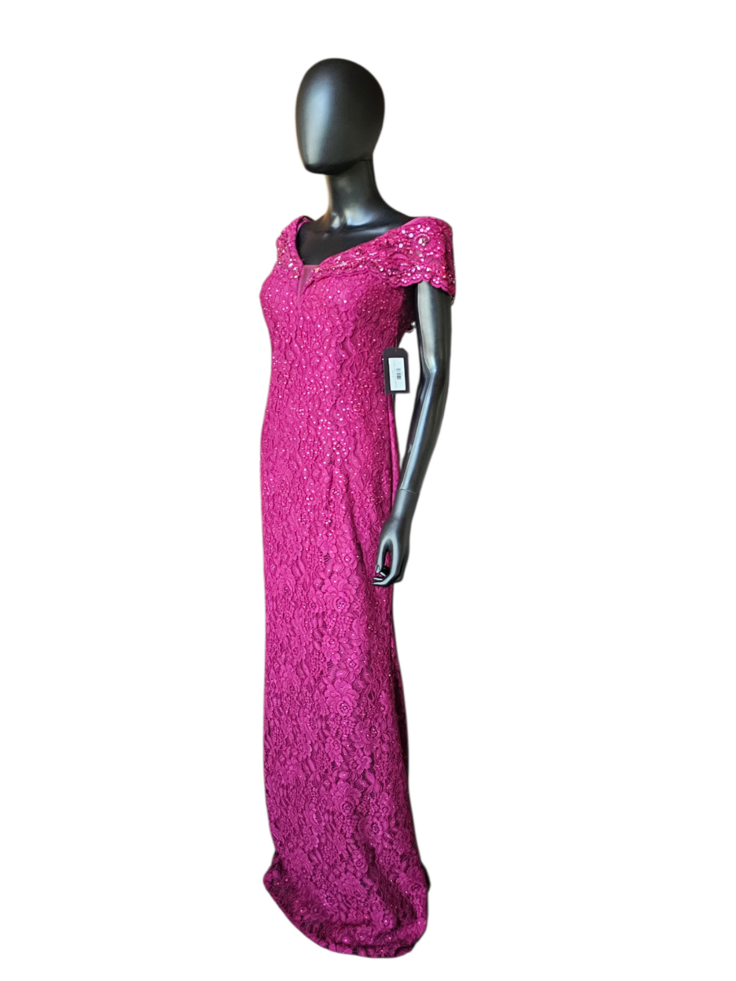 Magenta Rhinestone Lace Cap Sleeve Fit/Flare Portrait Formal/Moms Dress - Jovani