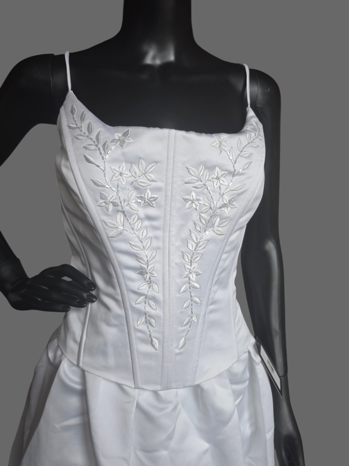 White Satin Basque Waist Embroidered Corset Bodice (no train) Wedding Gown - Jaqueline