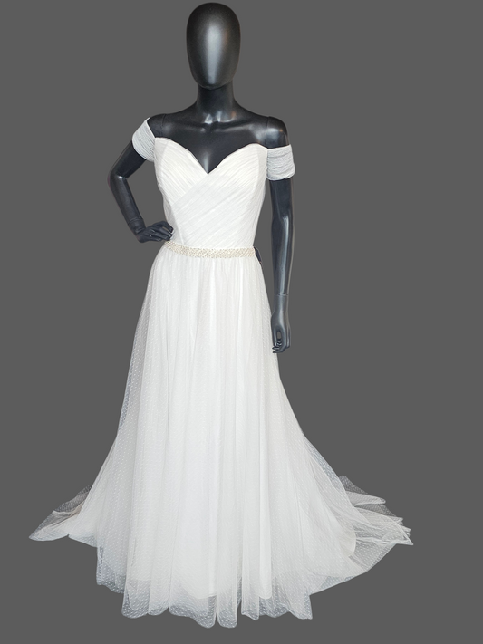 Ivory Swiss Dot Off Shoulder Cap Sleeve Pearl Belt Wedding Dress - Da Vinci