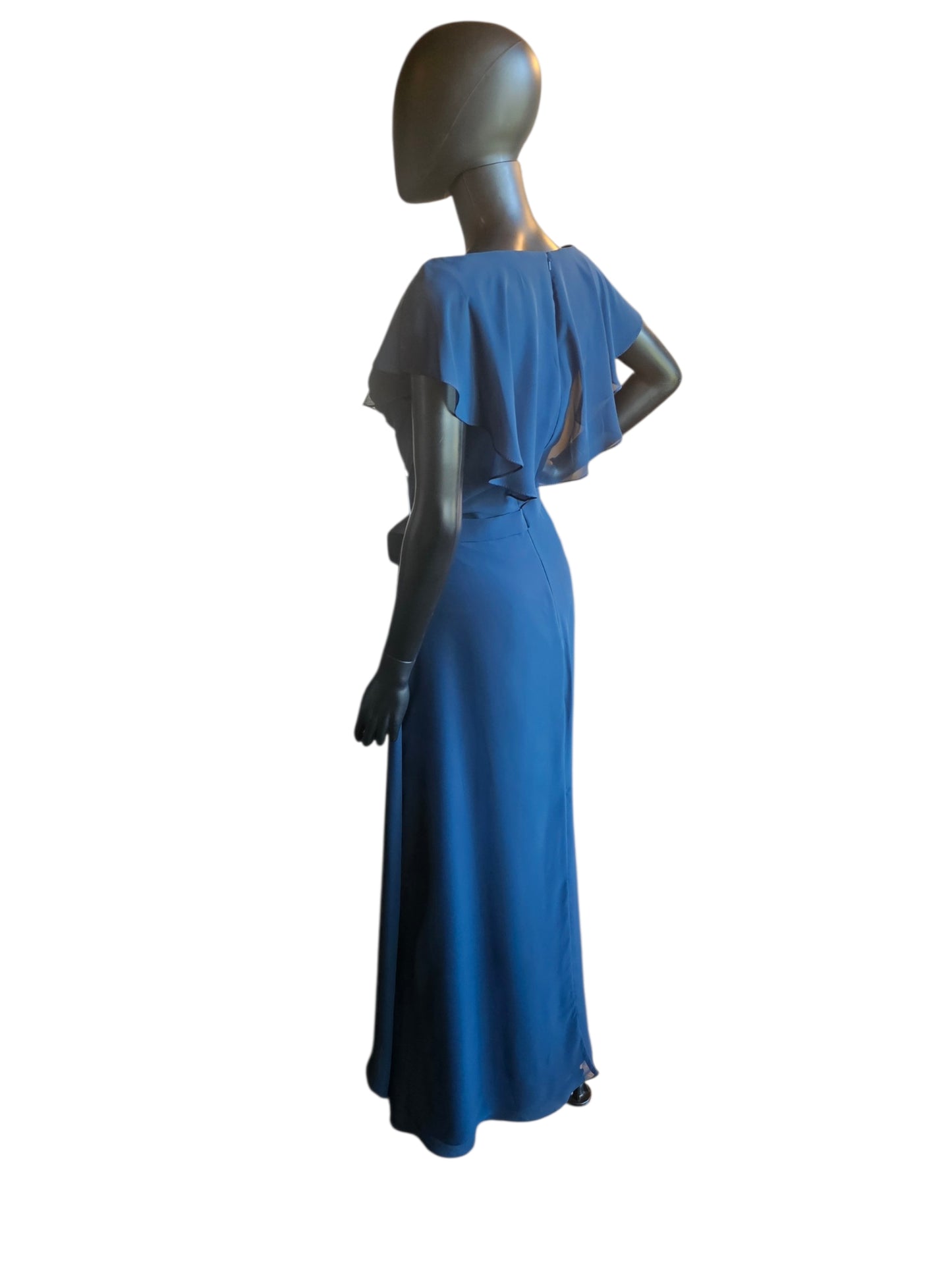 Navy Chiffon Flutter Sleeve Added Belt Side Ruched Maxi Formal/Moms Dress - DaVinci