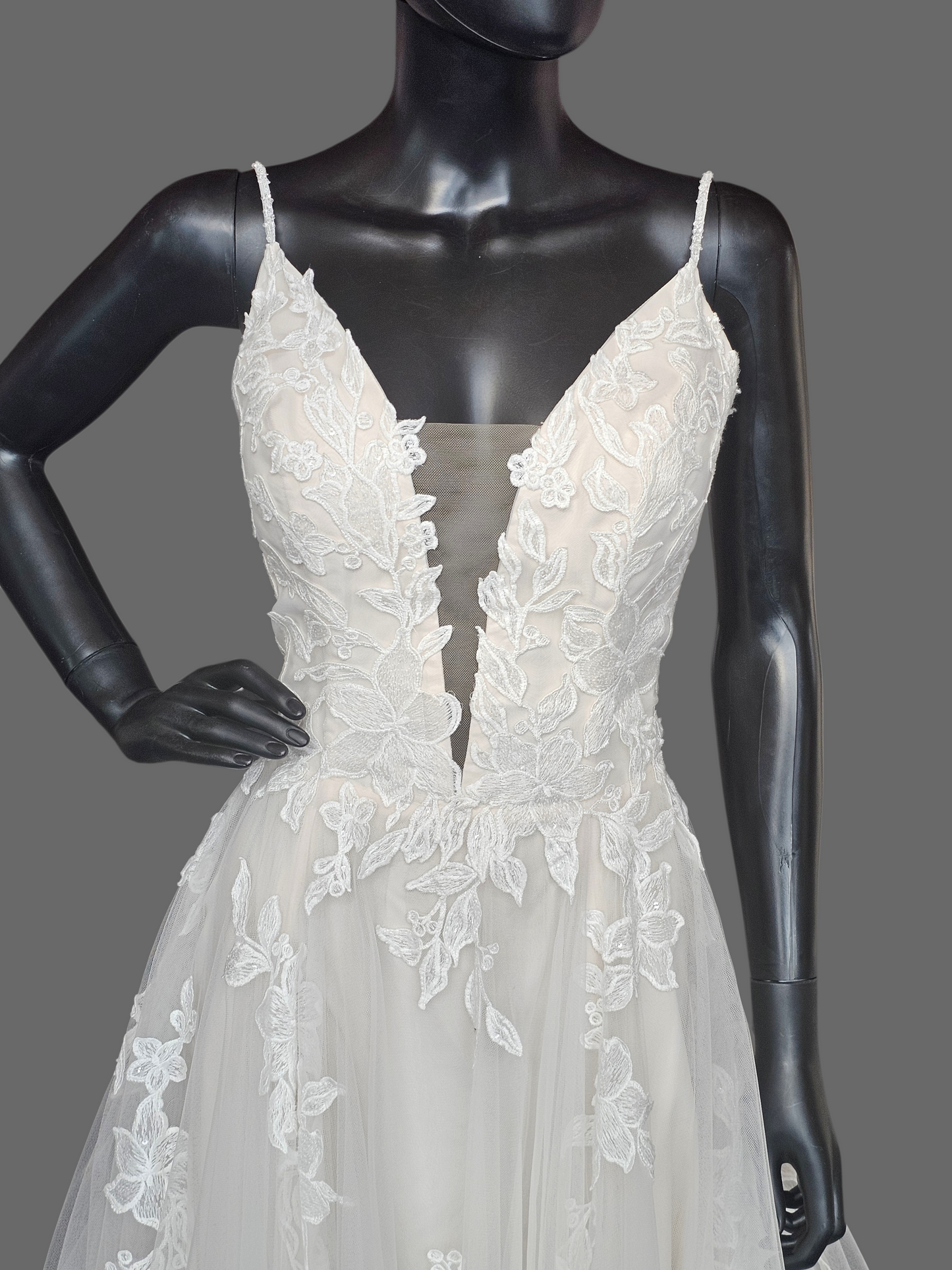 Ivory/Blush Floral Embroidered Plunge A-Line Wedding Gown - Casablanca Beloved