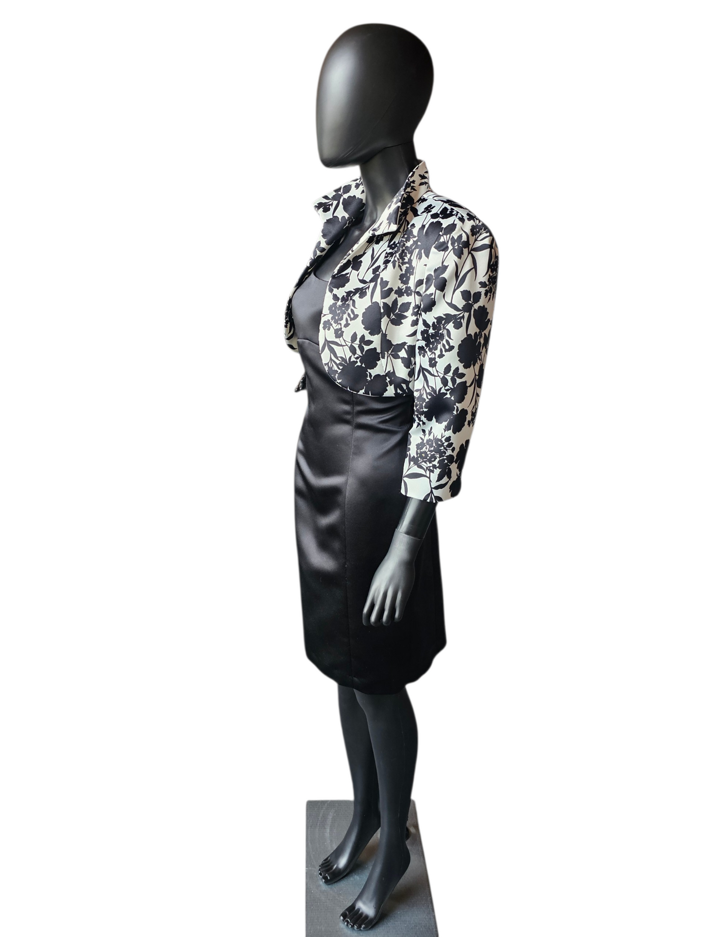 Black/White Floral Satin Cocktail Dress & Cropped Jacket - Tahari