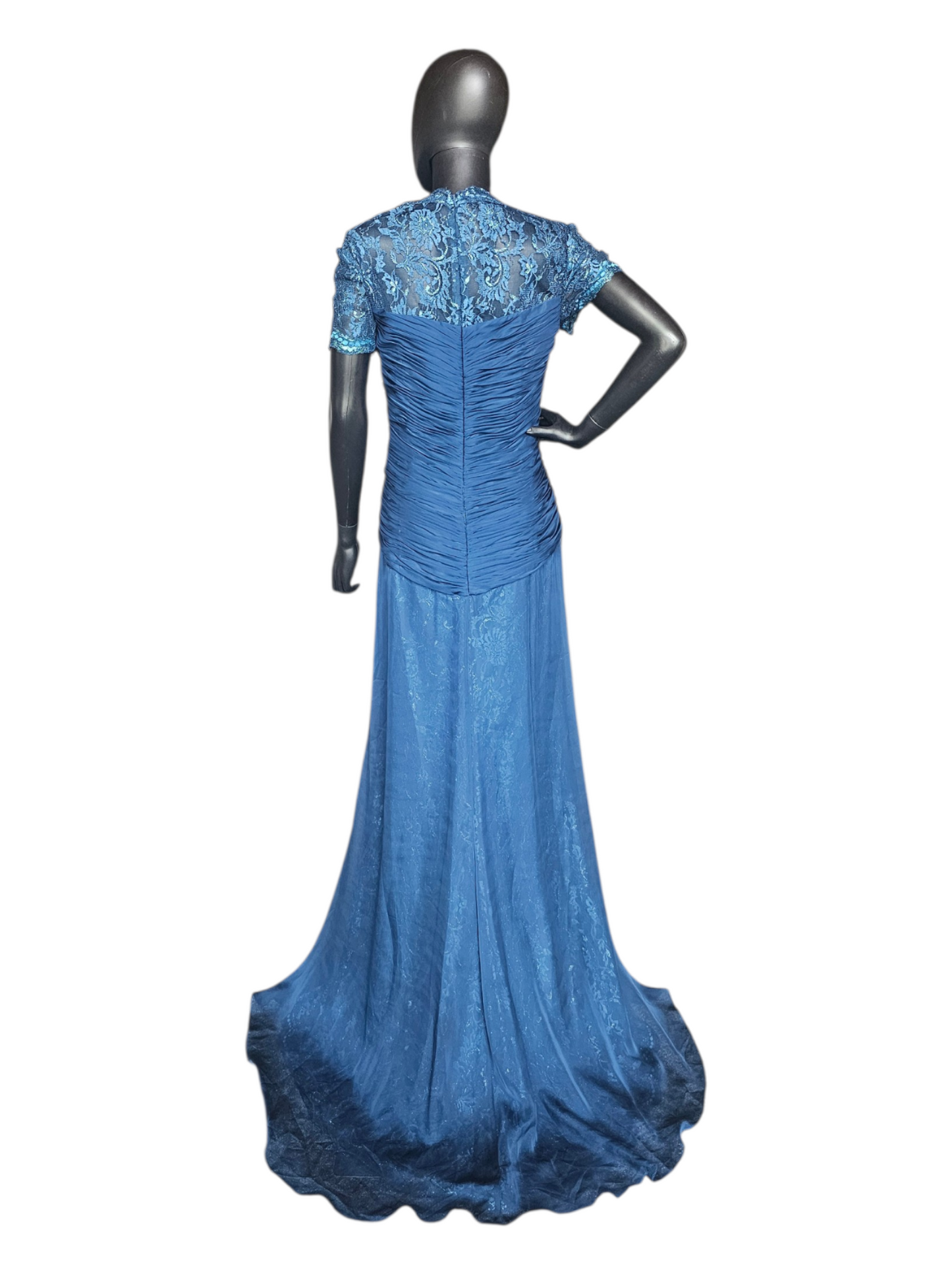 Navy Moms Dress Lace Cap Sleeve Lace Train Beaded Applica Sweetheart Neck  - Feriani Couture