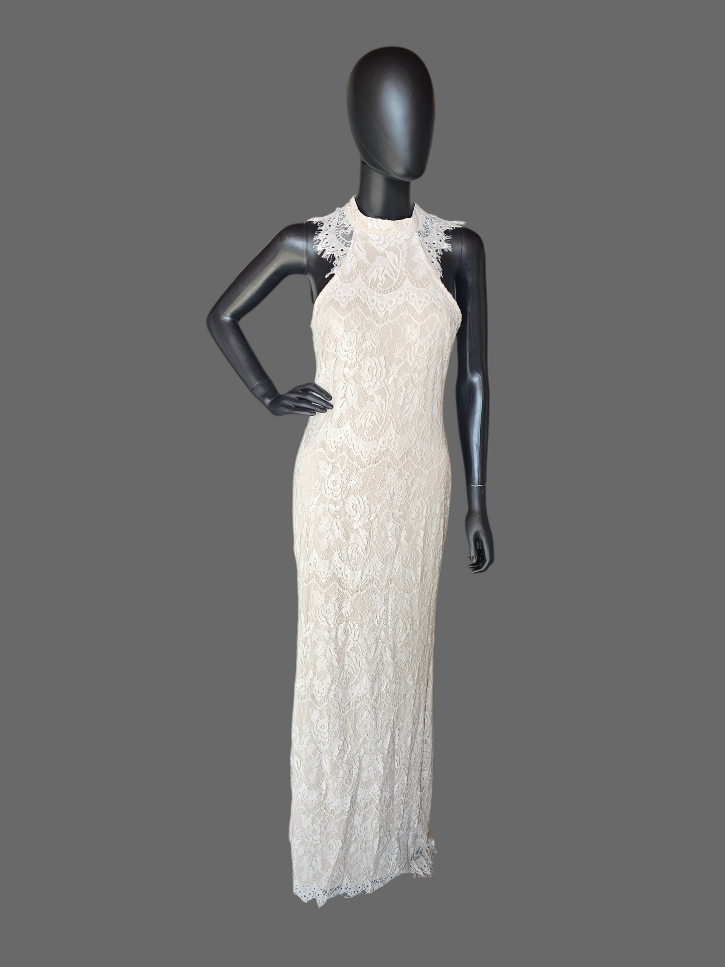 Ivory/Nude Fitted Lace Halter Maxi Dress - Southern Fried Chic NWT