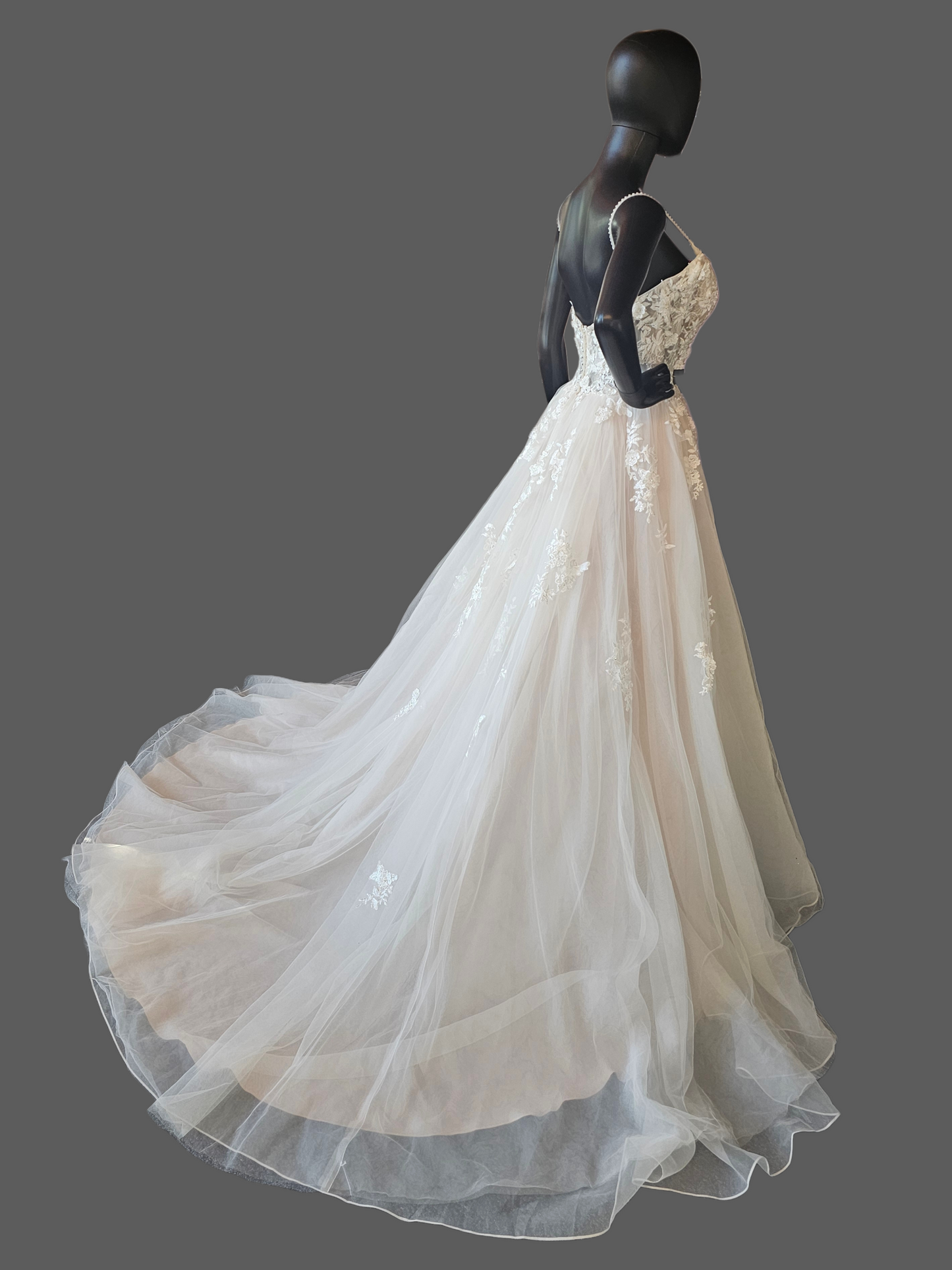 Ivory/Champagne 3D Floral Full Skirt Boho Lace Illusion Bodice Wedding Gown - Beloved