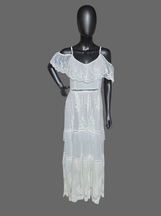 Tiered Ivory Lace Draped Shoulder Boho Maxi Dress - The Red Room