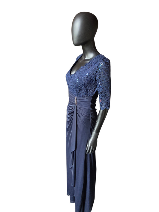 Navy Lace 3/4 Sleeve Crepe Fit/Flare Side Roush V-Neck Formal/ Moms Dress- Betsy + Adam