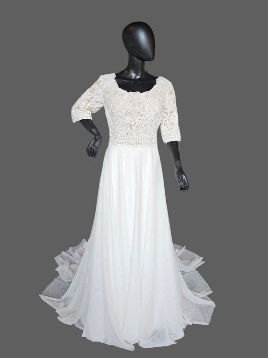Ivory Scoop Neck Lace 3/4 Sleeve A-Line Net Wedding Gown - Maggie Sottero