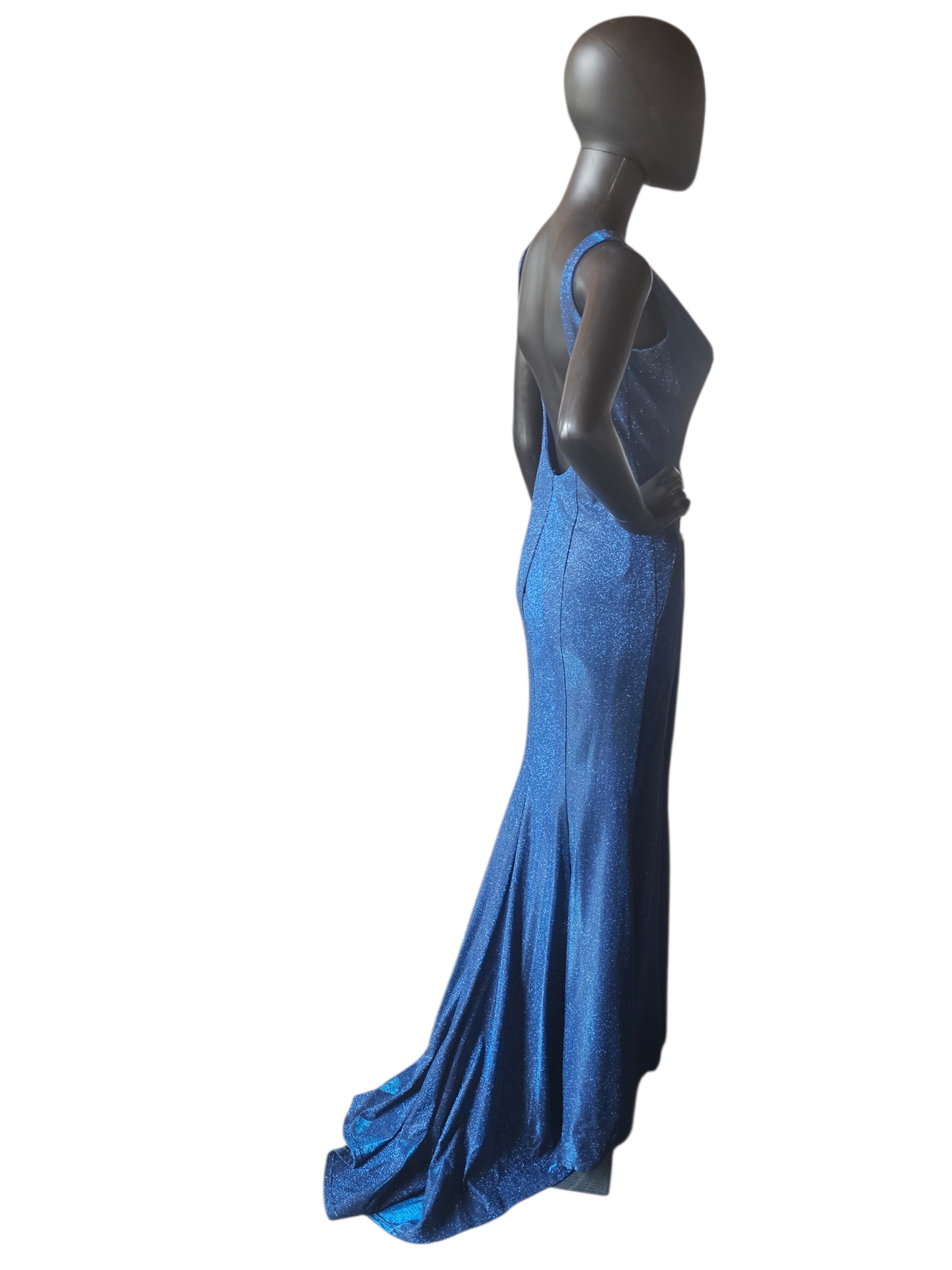 Blue Shimmer Fitted Maxi V-Neck Formal Gown - Blush Prom