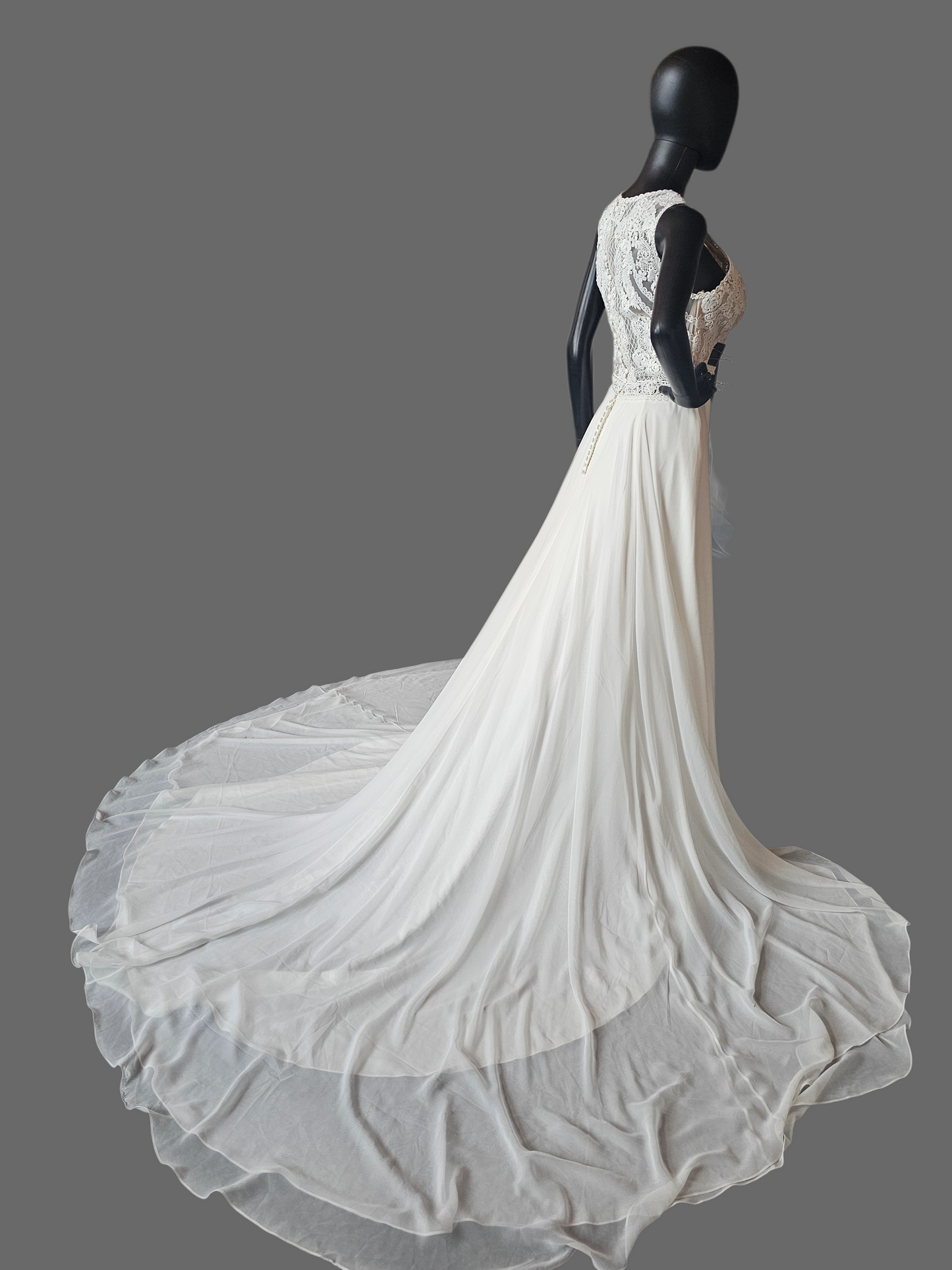 Ivory/Nude High Neck Lace Chiffon Skirt Wedding Gown - Justin Alexander