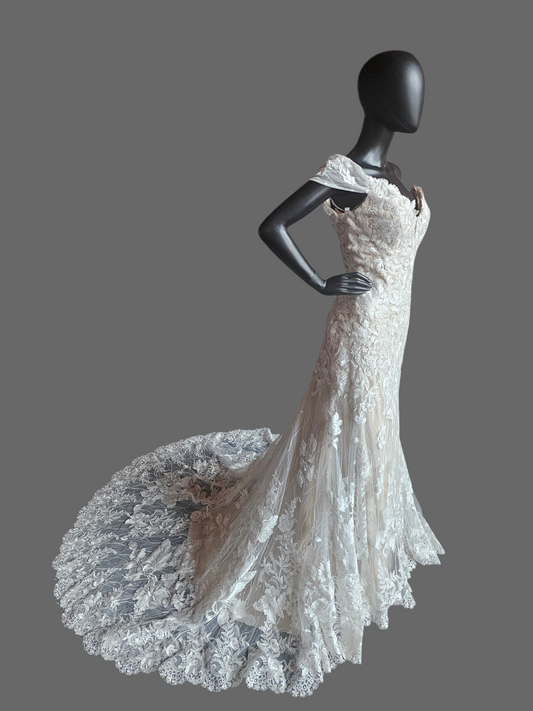 Ivory/Honey Layered Lace Fitted Off Shoulder Wedding Gown - Martin Thornburg