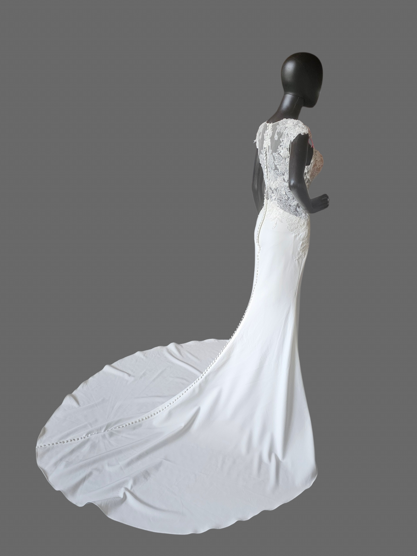 Ivory Crepe Illusion Bodice Cap Sleeve Fit/Flare Wedding Gown - Rebecca Ingram