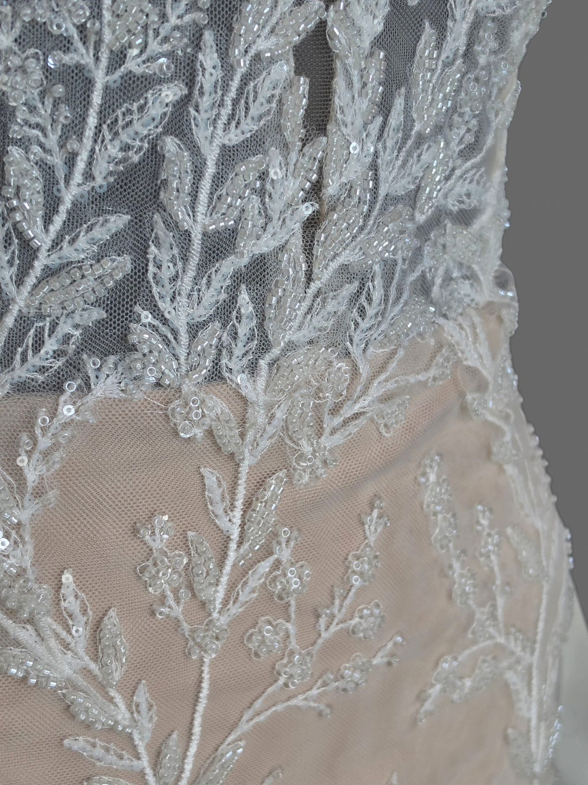 Nude/Ivory Beaded Floral V-Neck Illusion Bodice Fit/Flare Wedding Gown - Justin Alexander