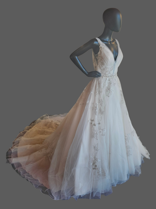 Ivory/Vanilla V-Neck Belted A-line Floral Embroidered Wedding Gown - Martin Thornburg