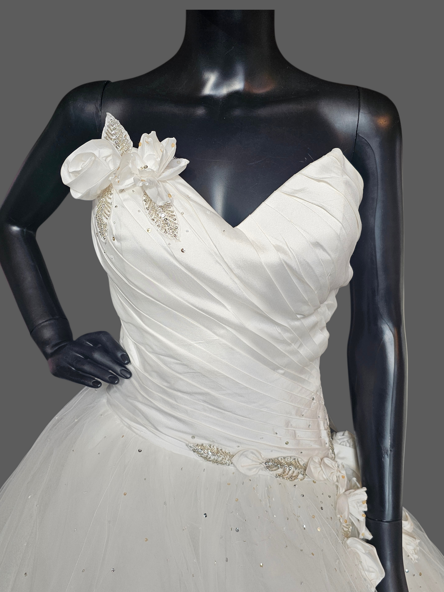 White Asymmetrical Floral Accent Wedding Ballgown - Bill Levkoff