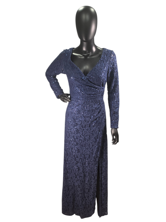 Navy Stretch Sequin Lace Slit V-Neck Long Sleeve Formal/Mom's Dress - Alex & Eve