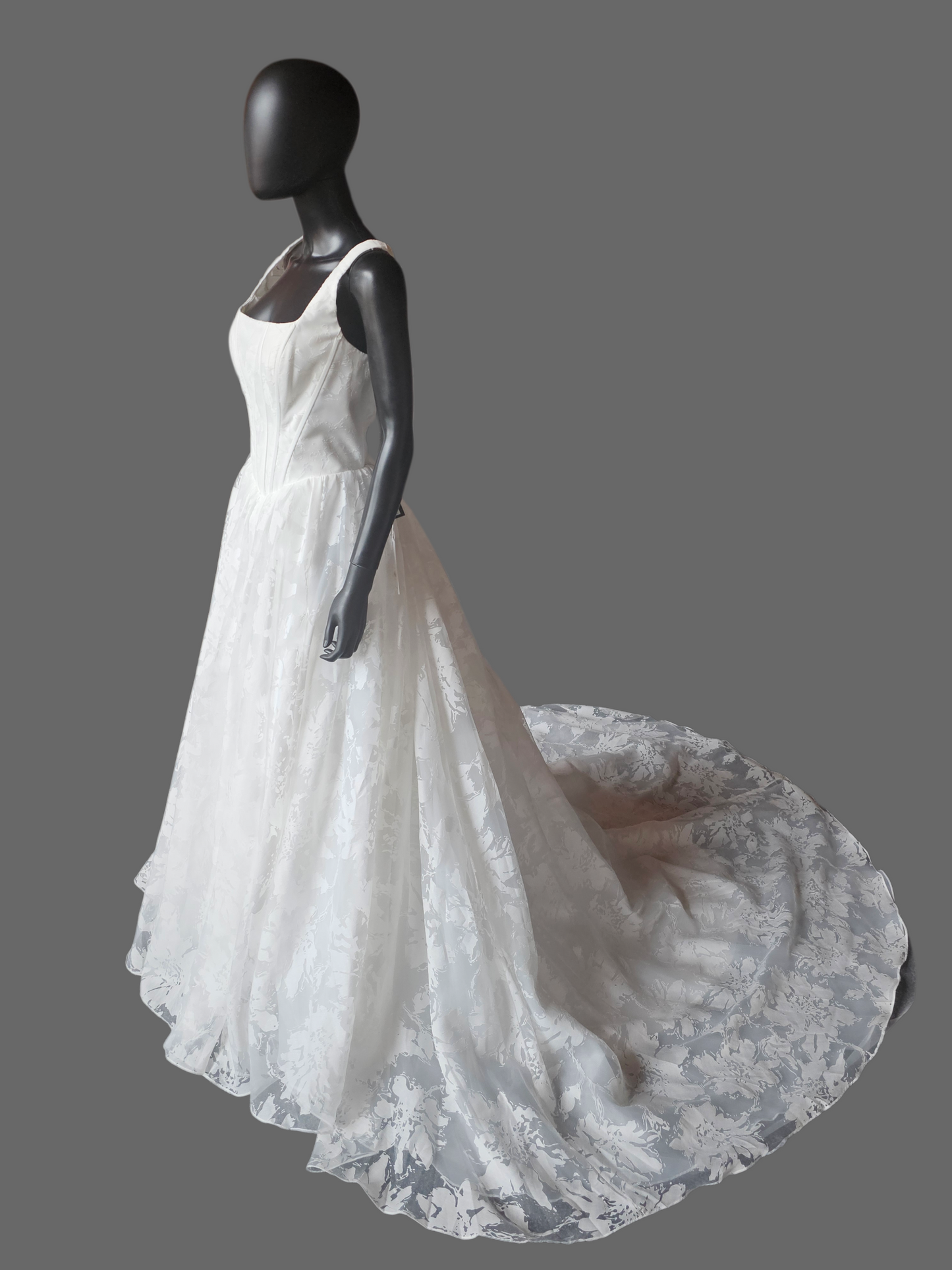 Ivory Floral Burnout Basque Waist Square Neckline Wedding Gown - Tania Olsen NWT