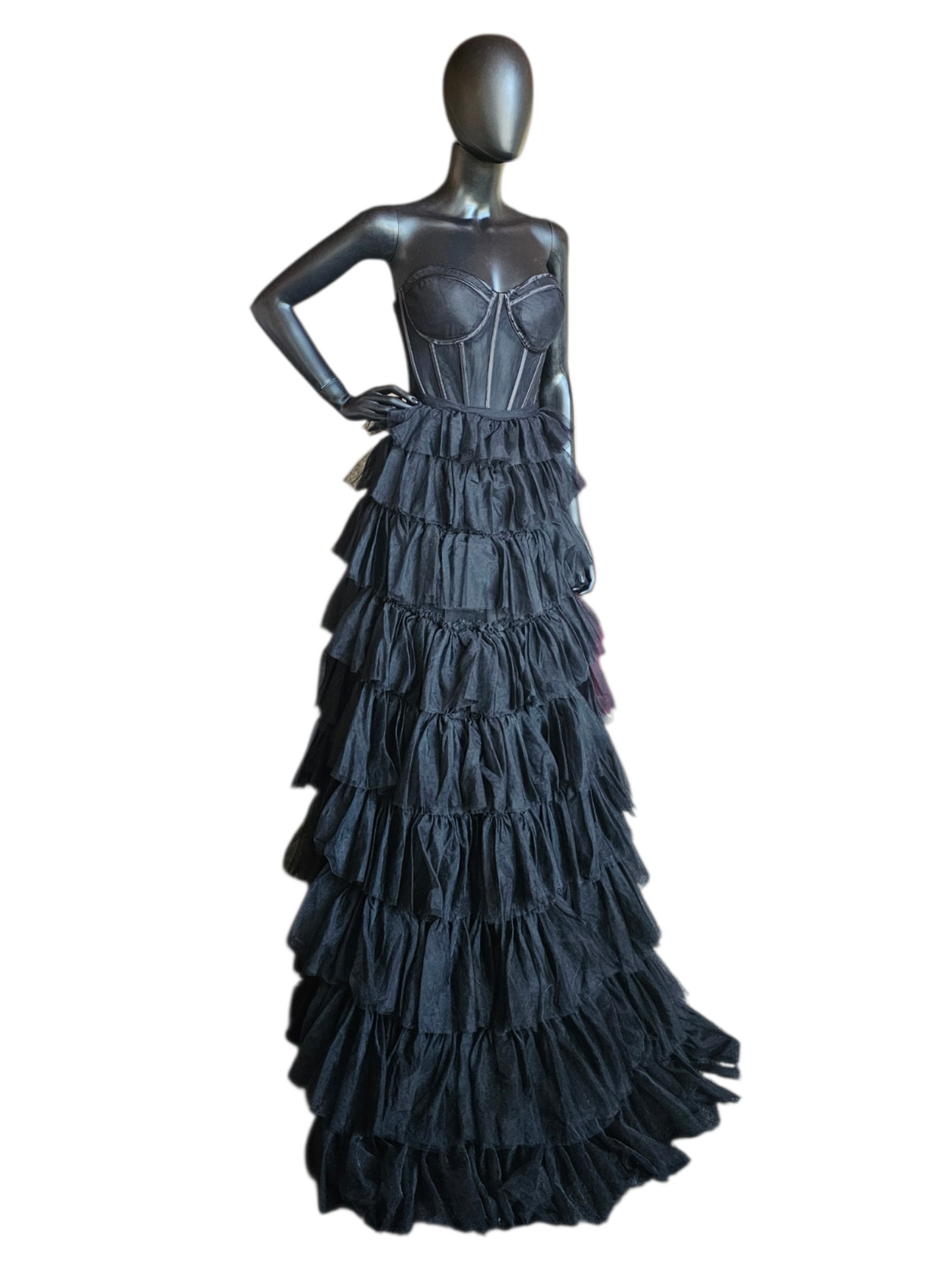 Black A-Line Illusion Corset Tiered Skirt Formal/Prom Dress - Cecilia