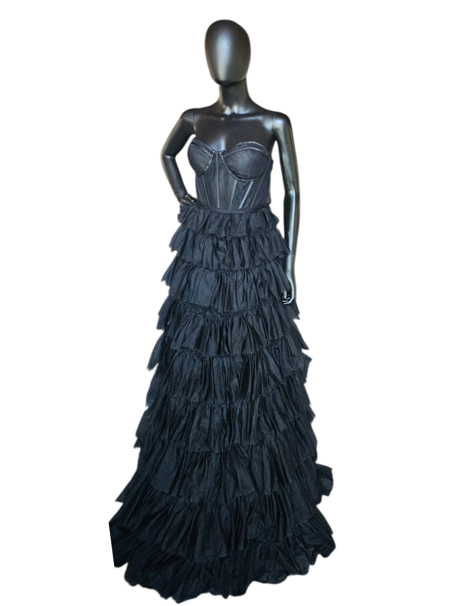 Black A-Line Illusion Corset Tiered Skirt Formal/Prom Dress - Cecilia